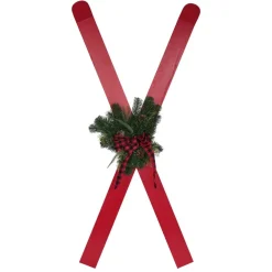Décoration à poser ski bois rouge x2