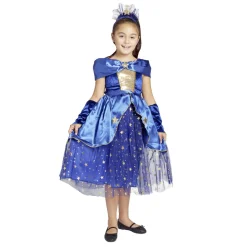 Déguisement fille 7/10 ans robe de magicienne bleue serre tête et gants