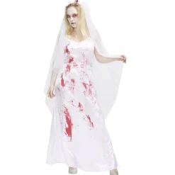 Déguisement Halloween adulte robe de mariée ensanglantée blanc et rouge