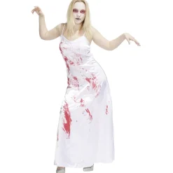 Déguisement Halloween adulte robe de mariée ensanglantée blanc et rouge