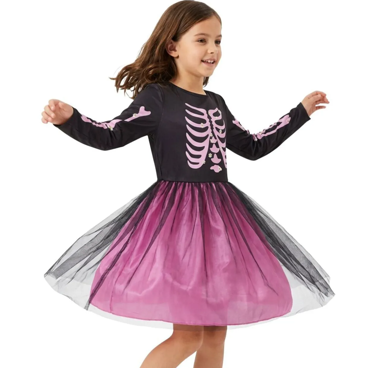 Déguisement Halloween enfant fille robe squelette polyester rose et noir 7/10ans < Gifi Best