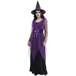 Déguisement Halloween femme robe sorcière avec chapeau noir et violet taille S