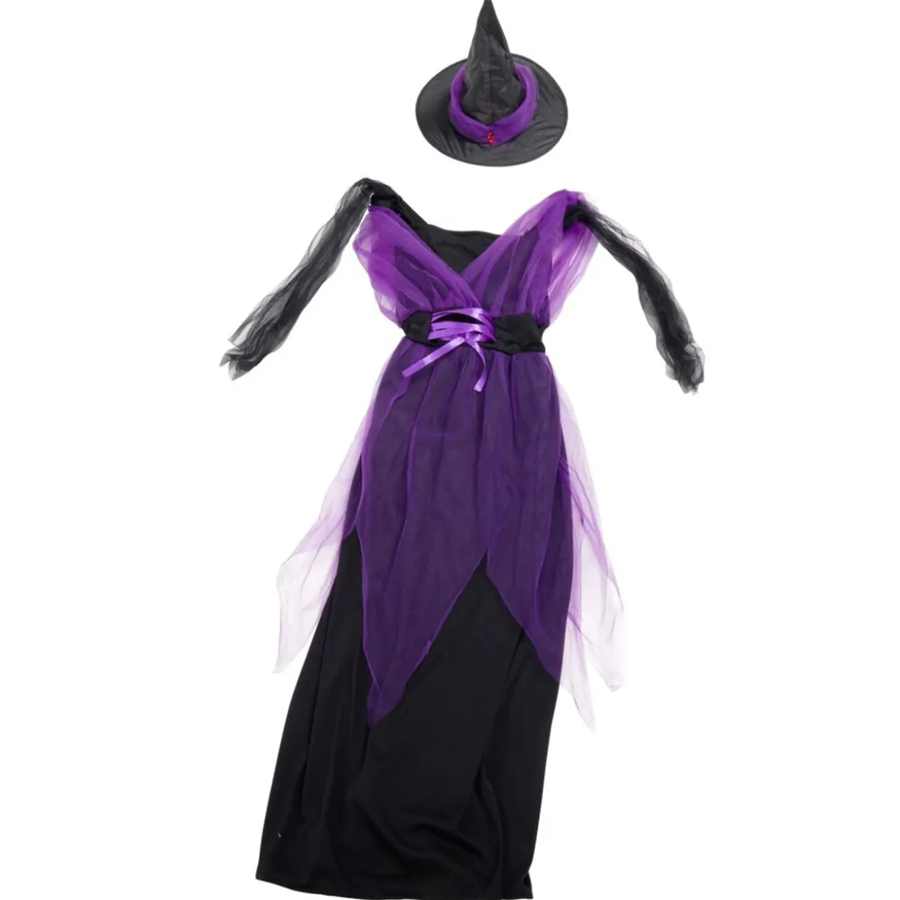 Déguisement Halloween femme robe sorcière avec chapeau noir et violet taille S