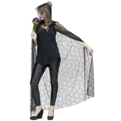 Déguisement Halloween femme Spirit cape dentelle tête de mort noir L150cm