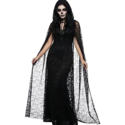 Déguisement Halloween femme Spirit cape dentelle tête de mort noir L150cm