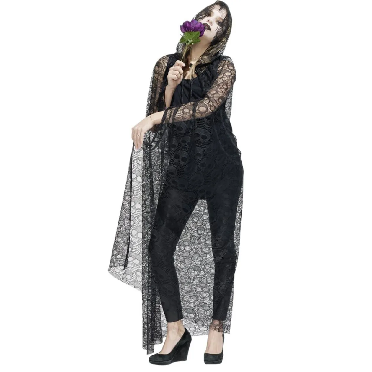 Déguisement Halloween femme Spirit cape dentelle tête de mort noir L150cm
