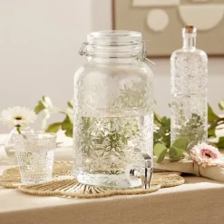 Distributeur à boisson 4L en verre motif fleur en relief transparent Ø16xH29cm