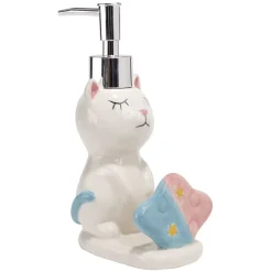 Distributeur à savon forme chat avec porte éponge grès blanc rose bleu