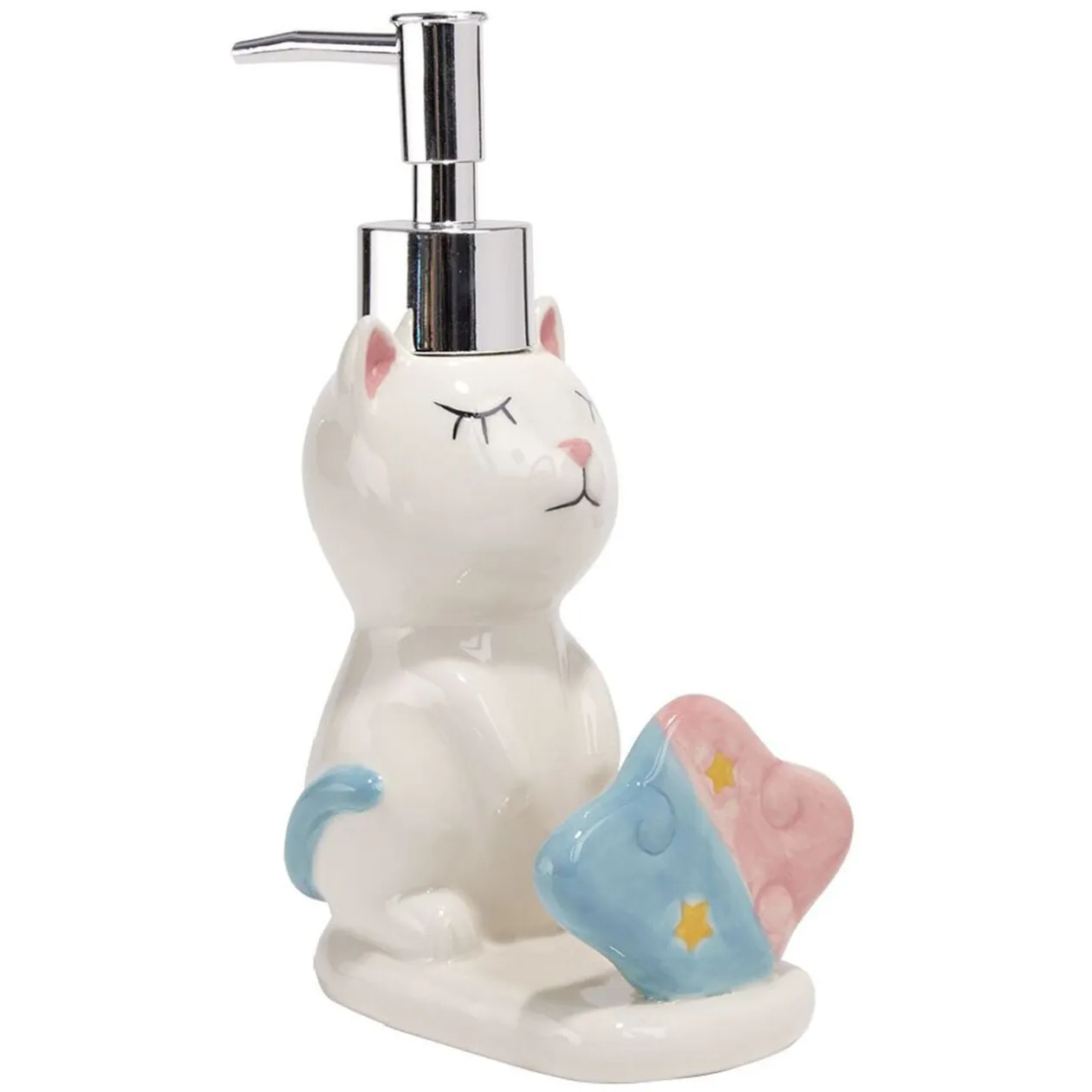 Distributeur à savon forme chat avec porte éponge grès blanc rose bleu