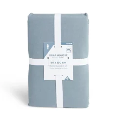 Drap housse 90x190cm 100% coton bleu chiné