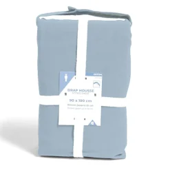 Drap housse 90x190cm 100% coton bleu chiné