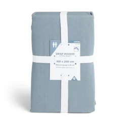 Drap housse 160x200cm 100% coton bleu chiné < Gifi Sale