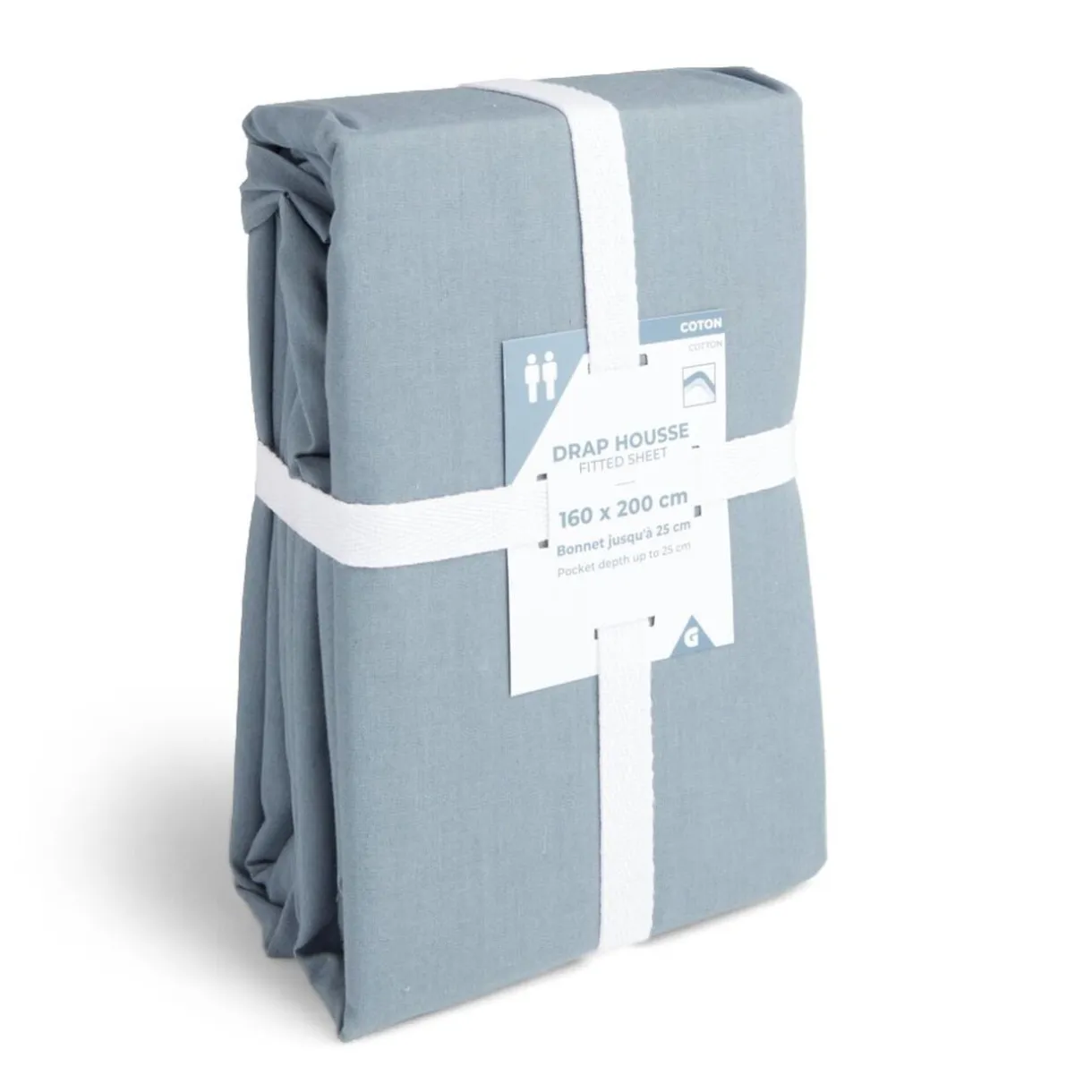 Drap housse 160x200cm 100% coton bleu chiné < Gifi Sale
