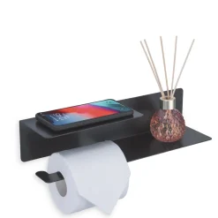 Dérouleur papier WC avec support téléphone métal noir 37x8xH10cm