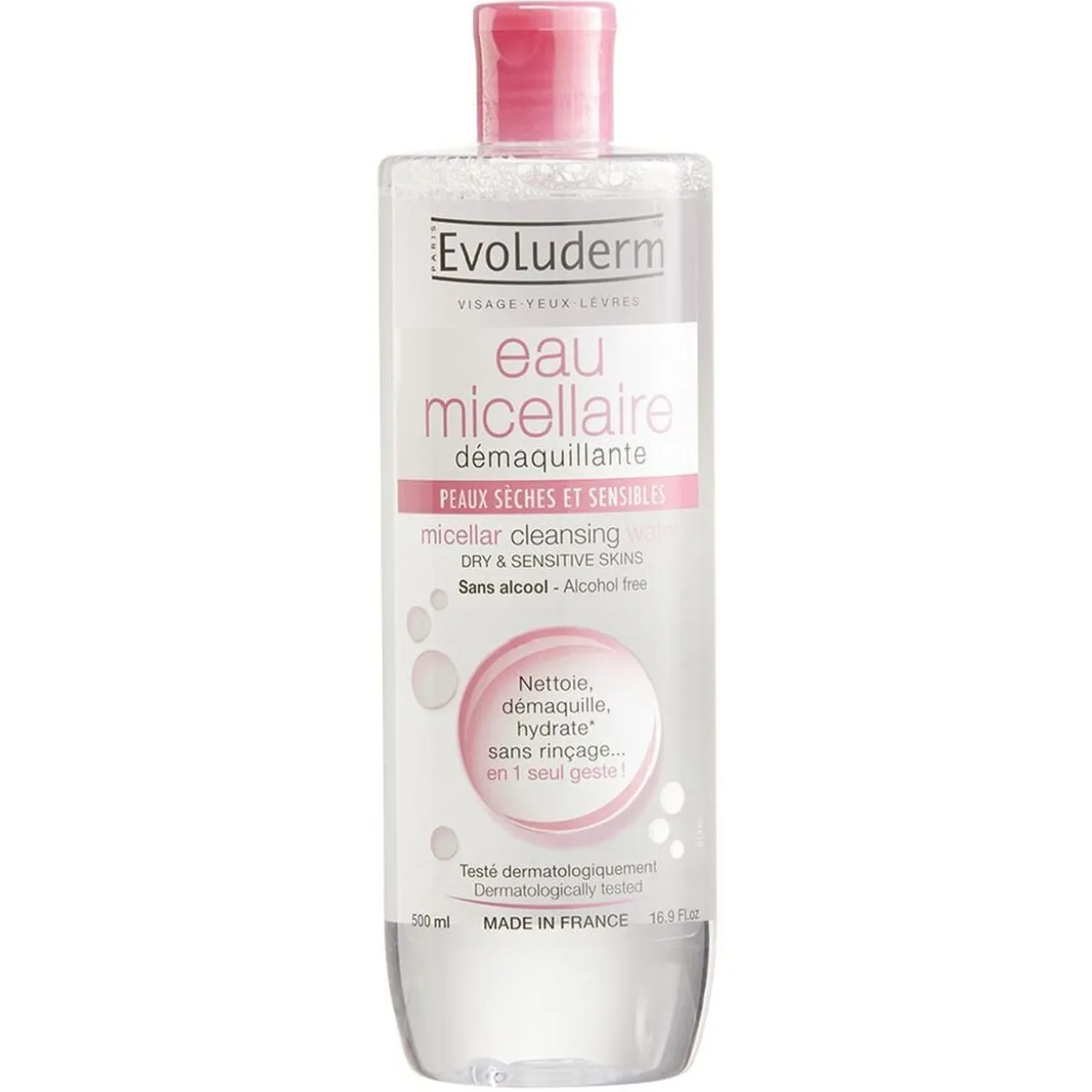 Eau micellaire Evoluderm démaquillante peaux sensibles 500 ml