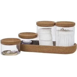 Ensemble bocal en verre x4 avec support en liège 26x10xH8cm