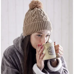 Ensemble mug 450ml faïence avec bonnet à pompon marron < Gifi Discount