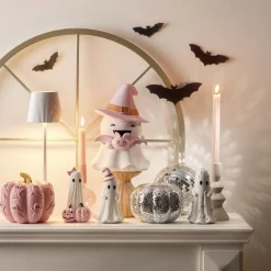 Fantôme Halloween décoratif résine blanc et rose pastel Ø8x15cm (3 modèles)