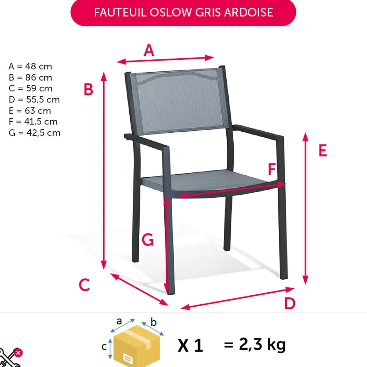 Fauteuil de jardin Oslow aluminium textilène gris 59x55,5xH.86 cm