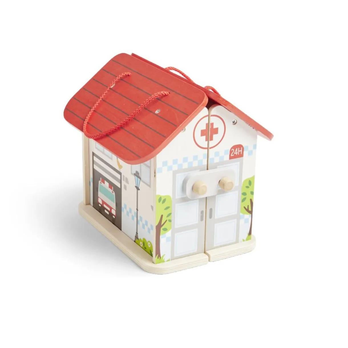 Ferme ou hôpital ou caserne de pompiers pliable en bois 20,5x17,5xH19cm < Gifi