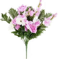 Fleur artificielle piquet rose/lisianthus/gerbera blanc et rose 18 têtes
