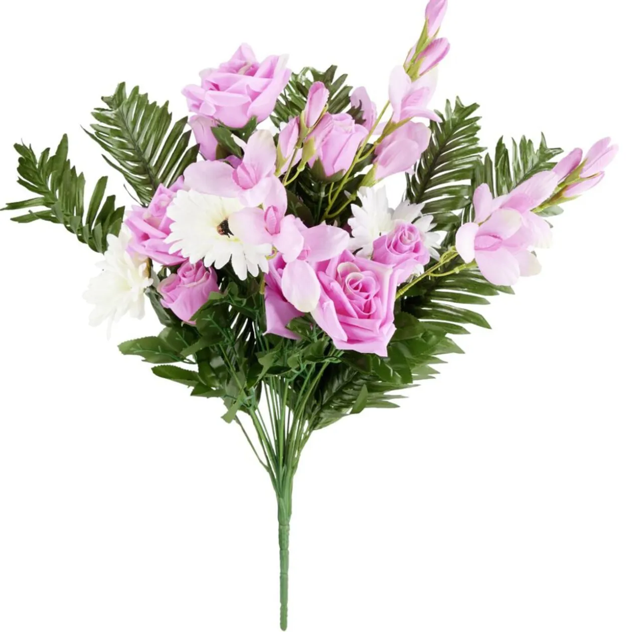 Fleur artificielle piquet rose/lisianthus/gerbera blanc et rose 18 têtes