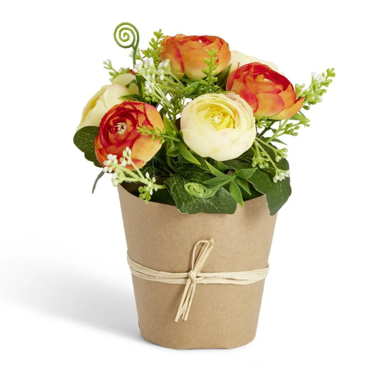 Fleurs artificielles pot kraft renoncule jaune et orange 7 têtes H18cm