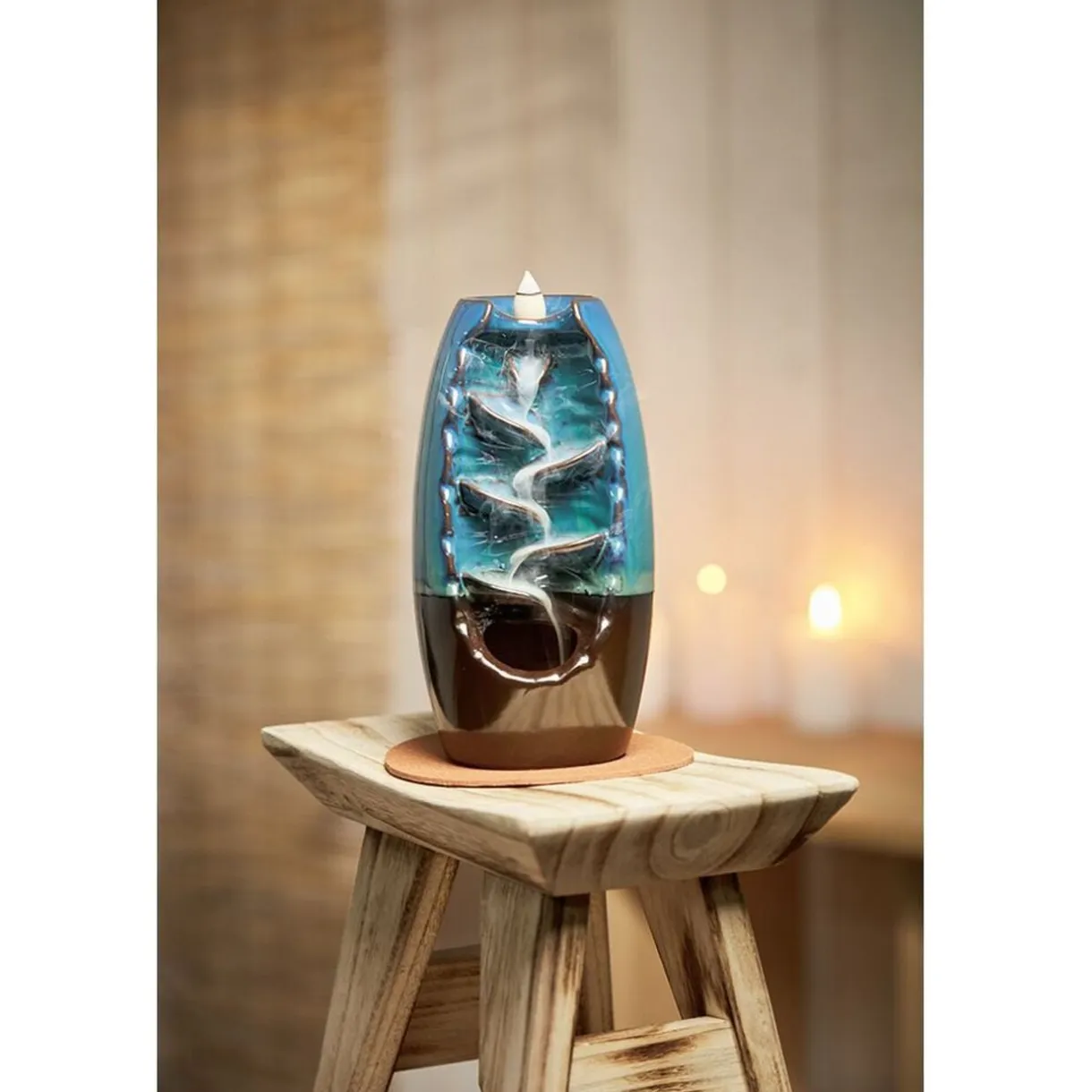 Fontaine à encens grès bleu Ø10xH20cm < Gifi
