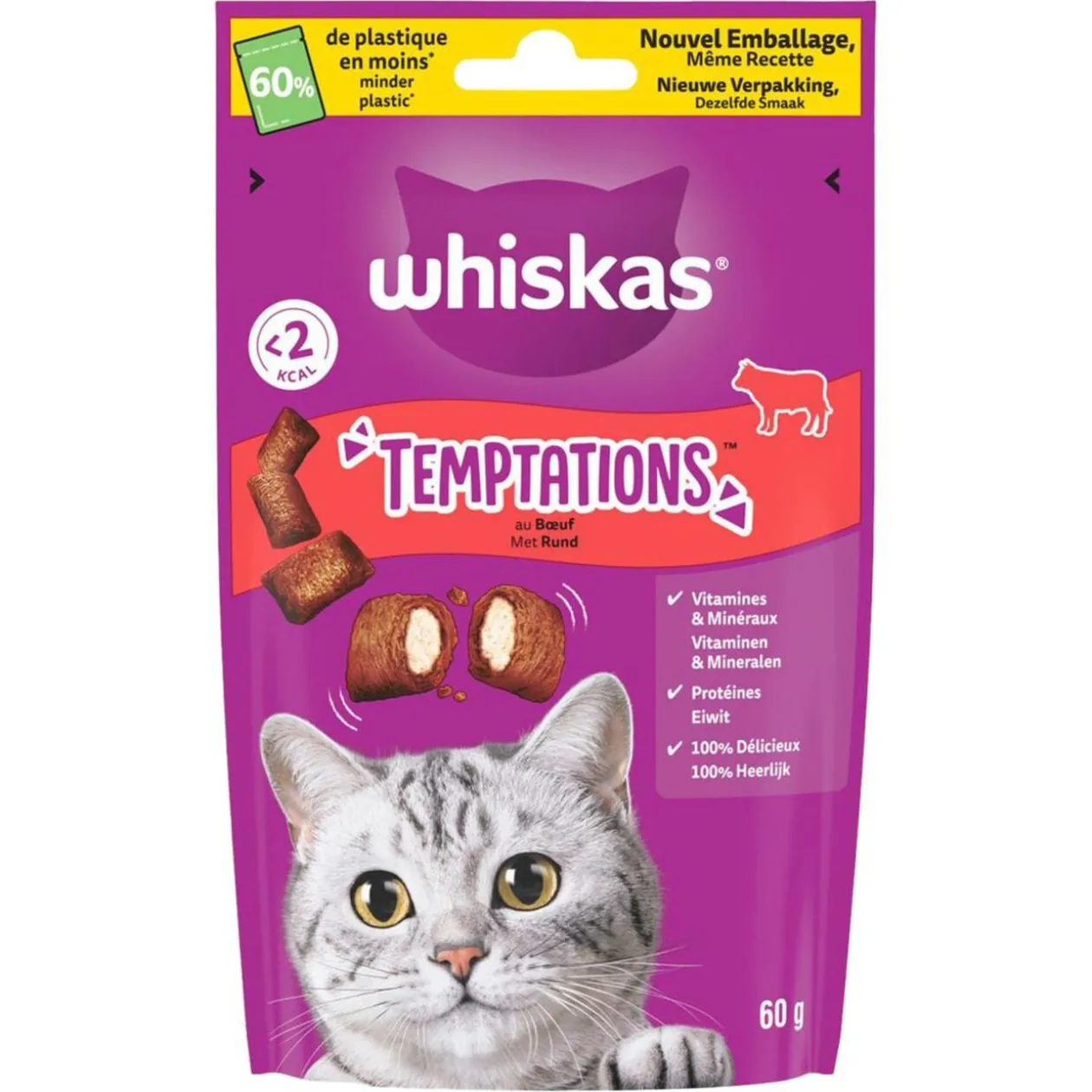 Friandise pour chat Whiskas tentations saveur boeuf sachet 60g