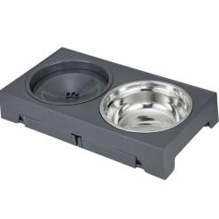 Gamelle double 4 positions inox gris et support plastique noir L42.5cm