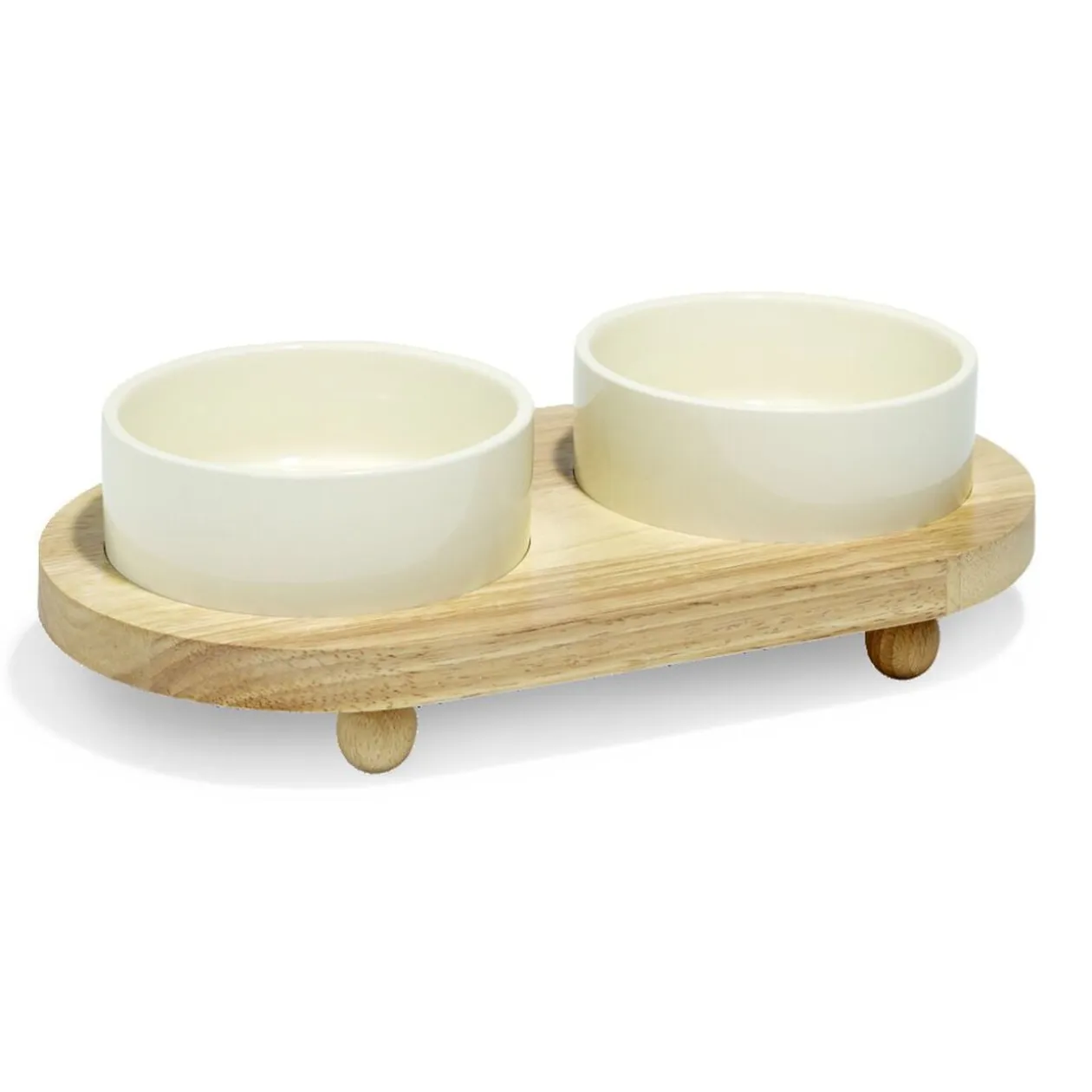 Gamelle double pour chien en dolomite avec socle en bambou