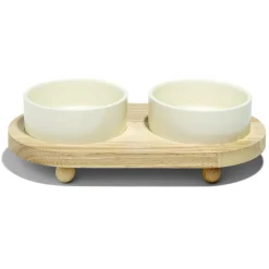 Gamelle double pour chien en dolomite avec socle en bambou
