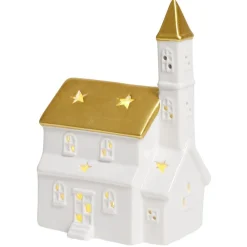 Église lumineuse déco Noël 1LED céramique blanc et doré H19cm < Gifi