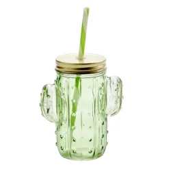 Gobelet en verre avec paille 500ml forme cactus vert H14,5cm