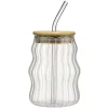 Gobelet en verre 54cl effet vague avec paille et couvercle bambou Ø9xH13cm