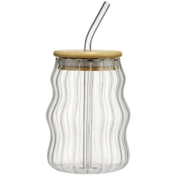 Gobelet en verre 54cl effet vague avec paille et couvercle bambou Ø9xH13cm