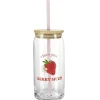 Gobelet en verre motif fraise avec paille et couvercle bambou 600ml