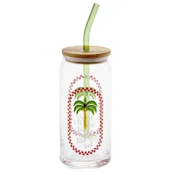 Gobelet en verre motif tropical avec paille et couvercle bambou 600ml (3 modèles)
