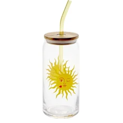 Gobelet en verre motif tropical avec paille et couvercle bambou 600ml (3 modèles)