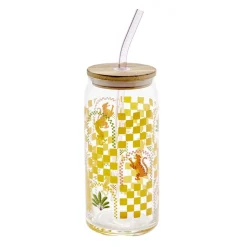 Gobelet en verre motif tropical avec paille et couvercle bambou 600ml (3 modèles)