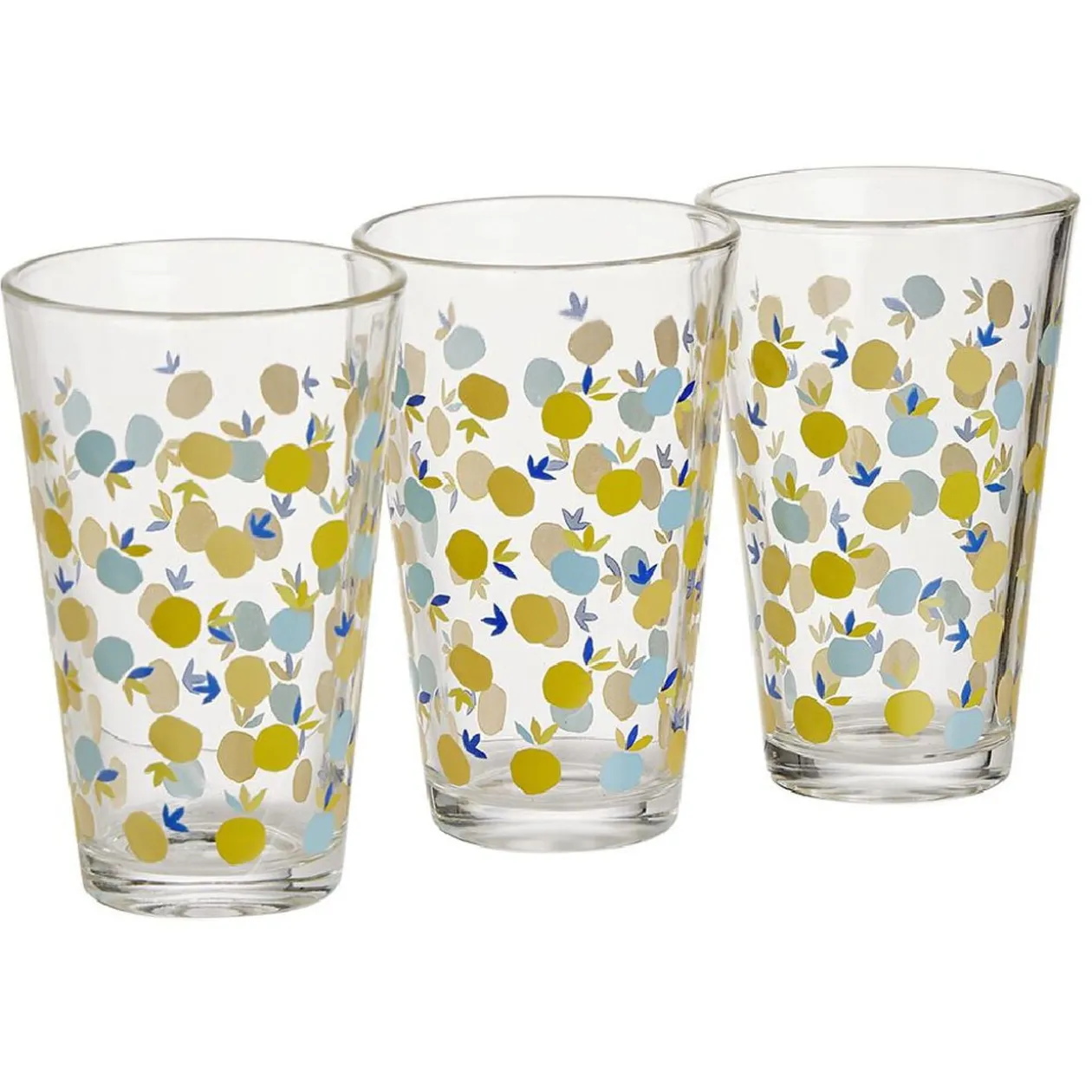 Gobelet haut verre transparent motif citron jaune et bleu 30cl x3