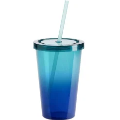 Gobelet plastique avec paille et couvercle dégradé bleu 550ml