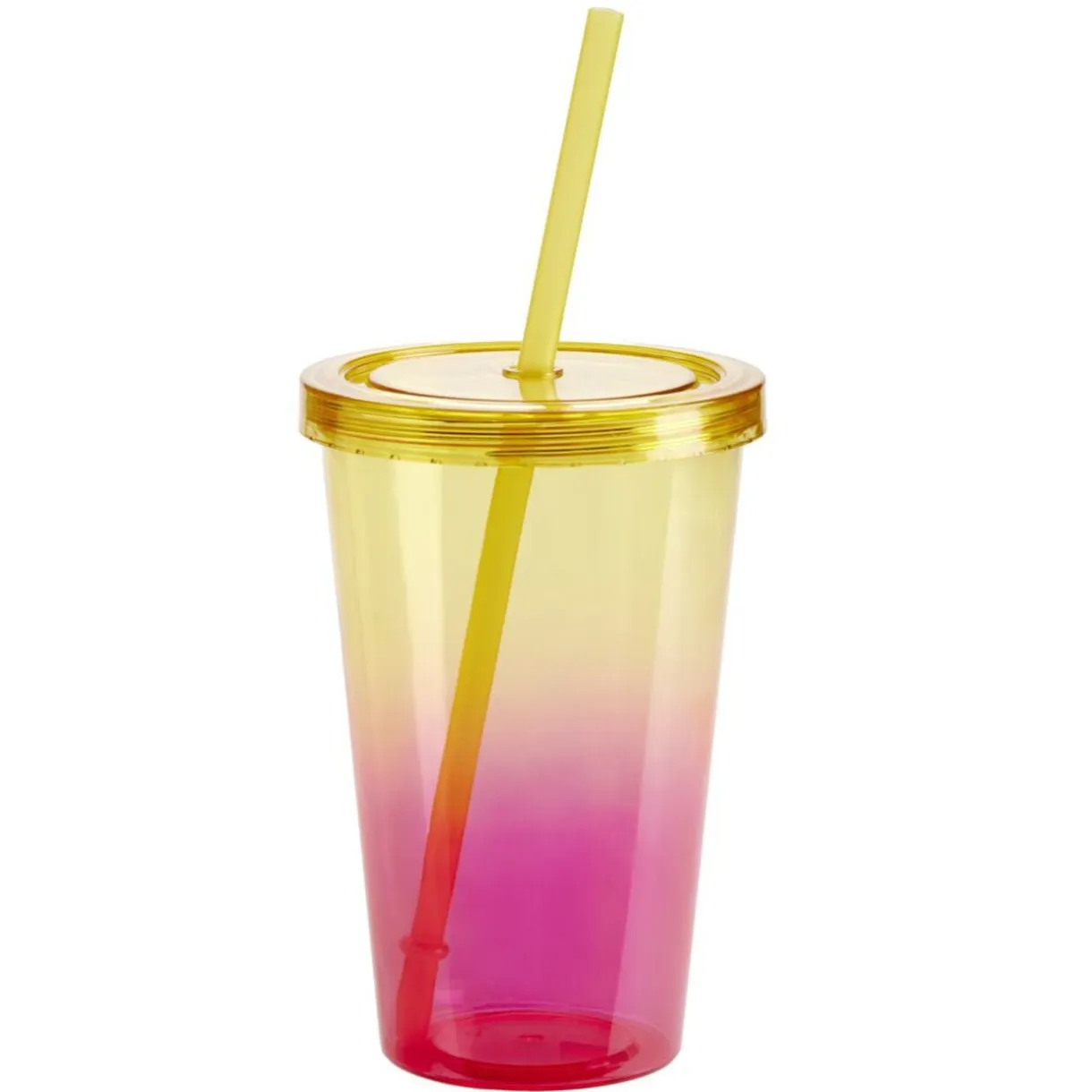 Gobelet plastique avec paille et couvercle dégradé rose et jaune 550ml < Gifi