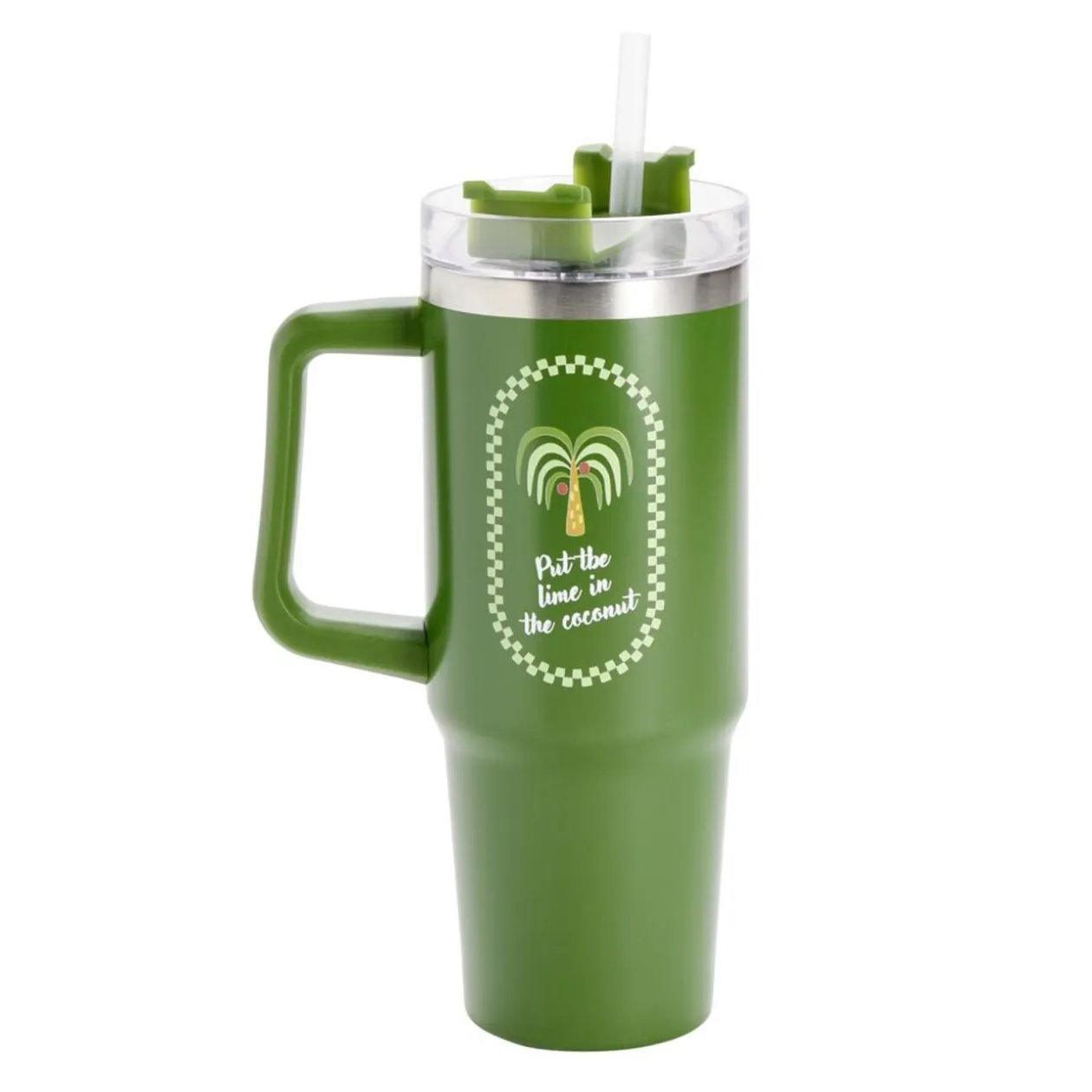 Gourde isotherme mug 900ml inox et plastique motif tropical avec paille (2 modèles)