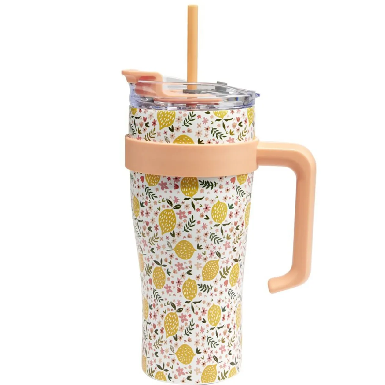Gourde mug 900ml inox et plastique motif citrons avec paille