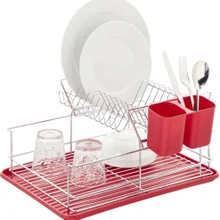 Égouttoir à 2 niveaux avec receveur et supports à couverts rouge < Gifi Outlet