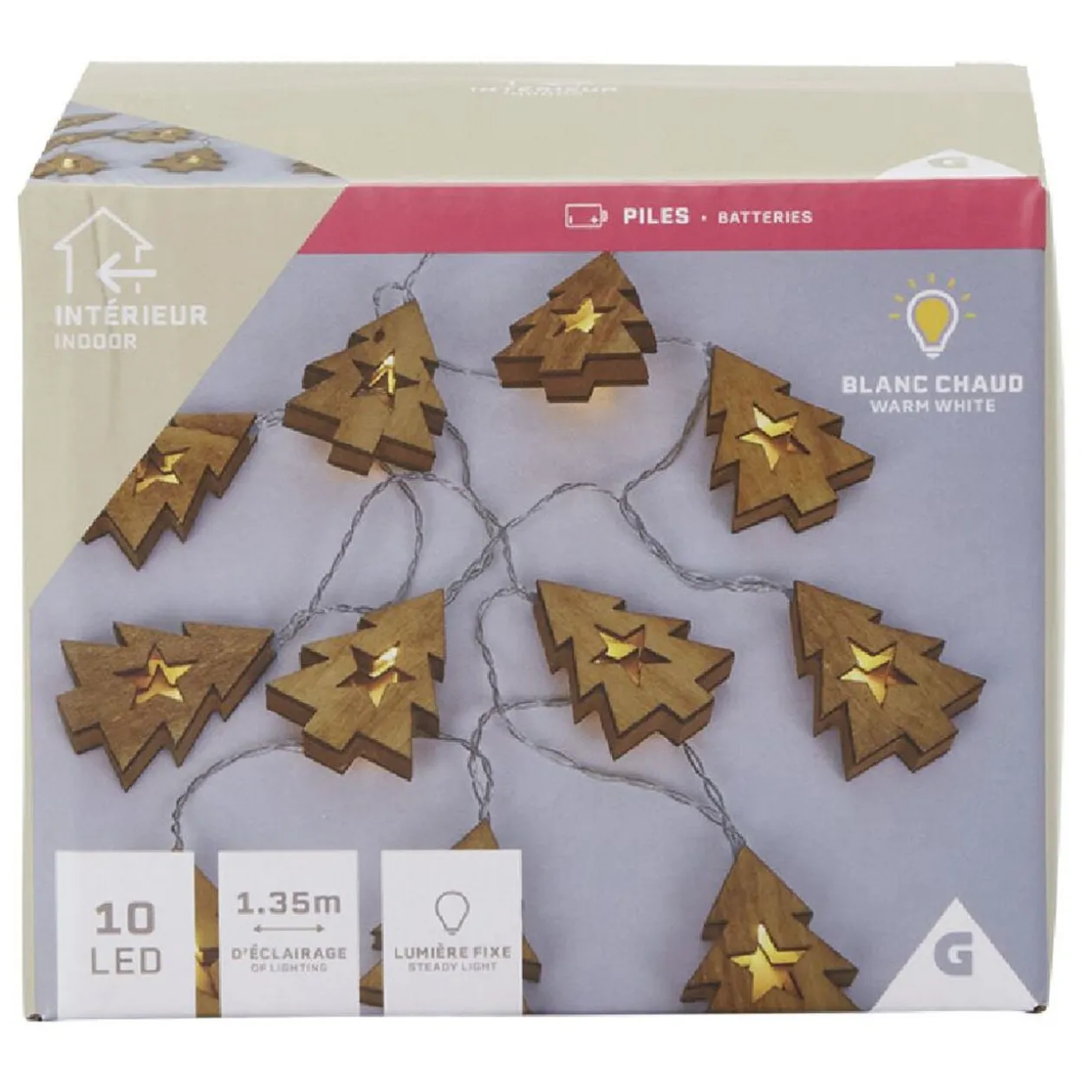 Guirlande électrique sapin en bois 10LED 1,35m d'éclairage blanc chaud