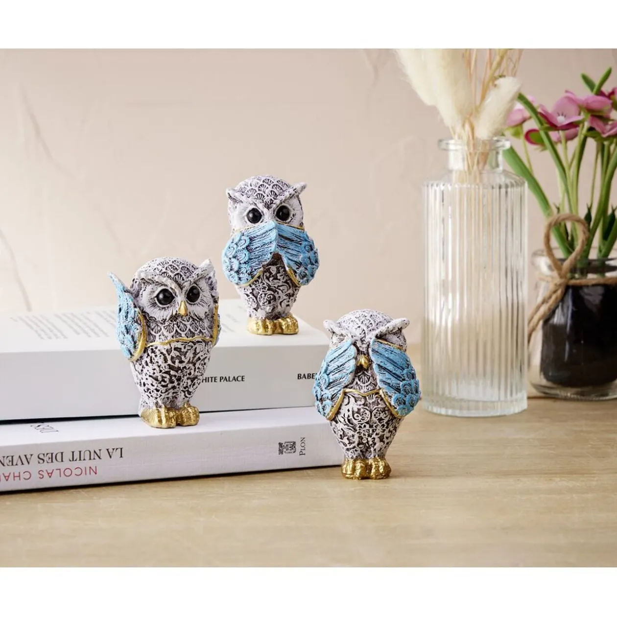 Hibou de la sagesse x3 en polyrésine bleu et doré H7cm