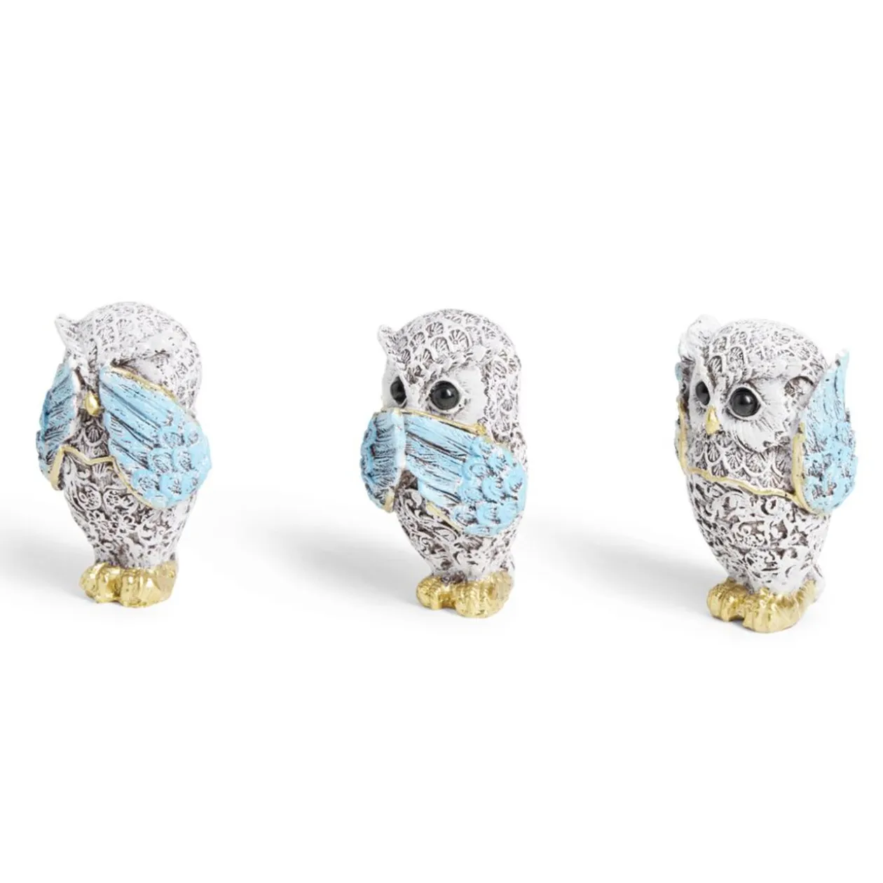 Hibou de la sagesse x3 en polyrésine bleu et doré H7cm