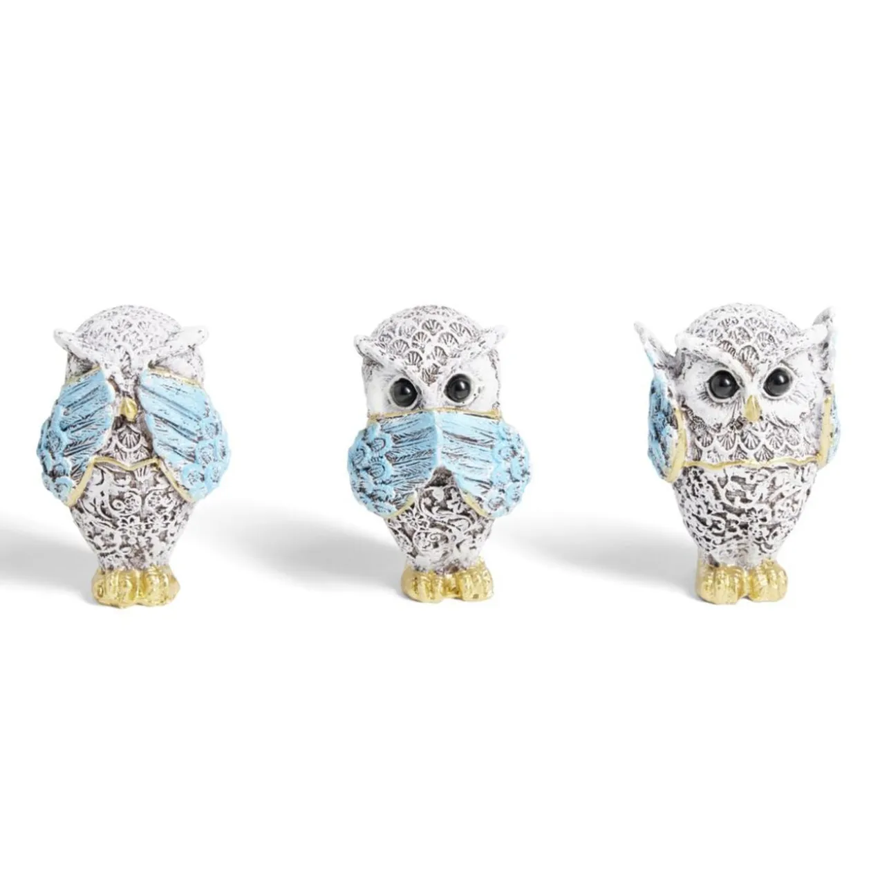 Hibou de la sagesse x3 en polyrésine bleu et doré H7cm